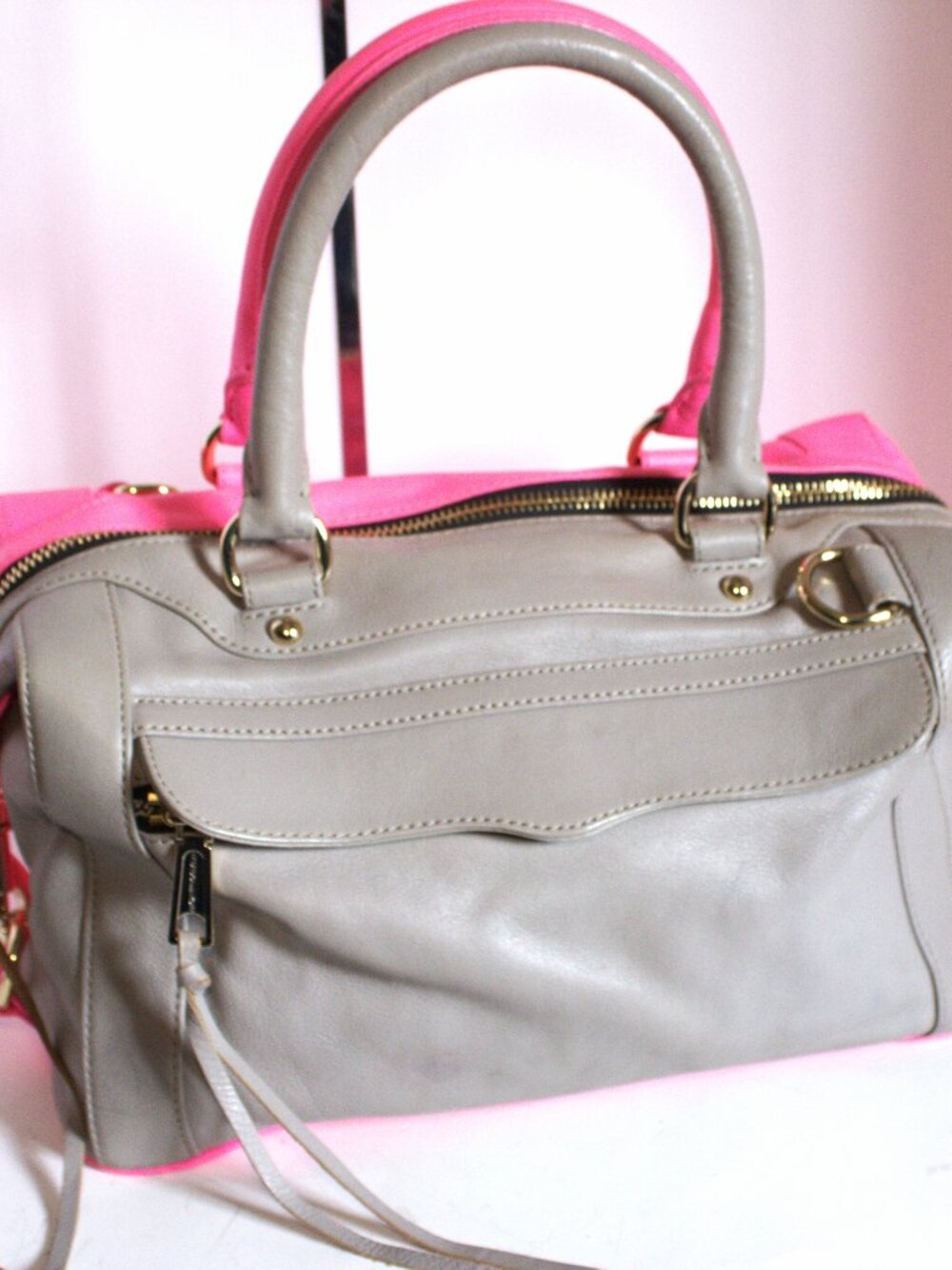 Rebecca Minkoff, Two Tone Pink and Gray Satchel with Top Handles. Gold Hardware